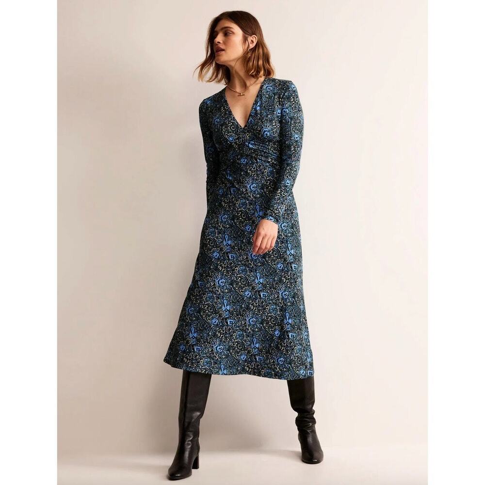 Boden NWT Empire Ruched Waist Dress Green Blue Floral Knit Midi US 10